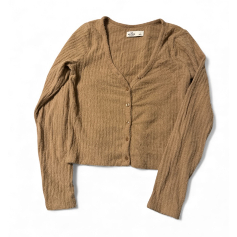 Hollister Y2K Camel Fuzzy Cropped Cardigan Size L Soft Cozy 2000s Cottagecore Wh